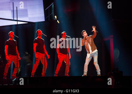 Stockholm, Sweden. 6th May 2016. Singer Freddie from Hungary is rehearsing hissong 'Pioneer' for the first semi final of the ESC. Stock Photo