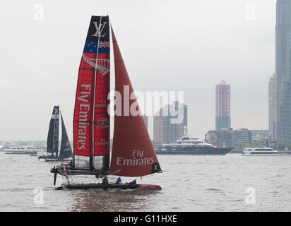 Emirates New Zealand team sailing yacht foiling in the 2016 America's Cup World Series in New York on the Hudson River. Stock Photo