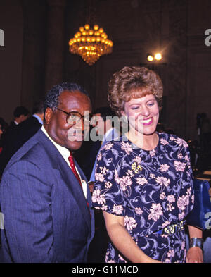 Washington, District of Columbia, USA. 10th Sep, 1991. Judge Clarence Thomas, left, and his wife, Virginia, right, arrive for the hearing before the US Senate Judiciary Committee to confirm him as Associate Justice of the US Supreme Court in the US Senate Caucus Room in Washington, DC on September 10, 1991. Thomas was nominated for the position by US President George H.W. Bush on July 1, 1991 to replace retiring Justice Thurgood Marshall.Credit: Arnie Sachs/CNP © Arnie Sachs/CNP/ZUMA Wire/Alamy Live News Stock Photo