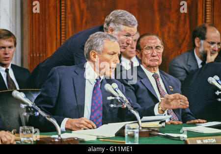 May 4, 2016 - Washington, District of Columbia, United States of America - United States Senator Orrin Hatch (Republican of Utah) makes a statement during the testimony of Professor Anita Hill before the US Senate Judiciary Committee to confirm Judge Clarence Thomas as Associate Justice of the US Supreme Court in the US Senate Caucus Room in Washington, DC on October 11, 1991. Thomas was nominated for the position by US President George H.W. Bush on July 1, 1991 to replace retiring Justice Thurgood Marshall. US Senator Strom Thurmond (Republican of South Carolina), the committee's Ranking Me Stock Photo