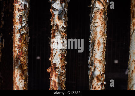 White pain peeling of rusted metal bars at the front of an abandoned mine train - clearwell caves. Stock Photo