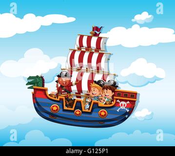 Boy and girl riding on viking with pirate illustration Stock Vector