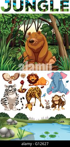 Wild animals living in the jungle illustration Stock Vector