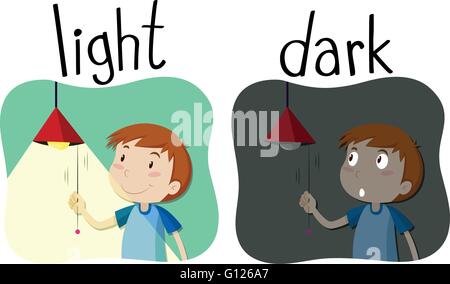 Opposite adjectives light and dark illustration Stock Vector