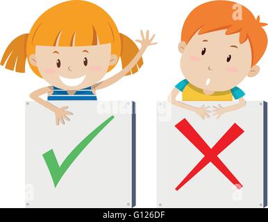 Girl with right sign and boy with wrong sign illustration Stock Vector