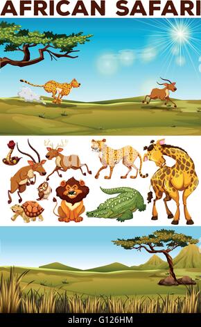 Safari theme with wild animals in the field illustration Stock Vector