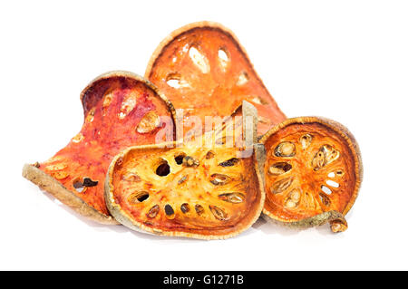 Dried bael fruits on a white background Stock Photo