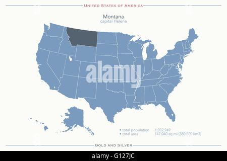 United States of America isolated map and Montana State territory. vector USA political map. geographic banner template Stock Vector