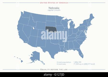 United States of America isolated map and Nebraska State territory. vector USA political map. geographic banner template Stock Vector