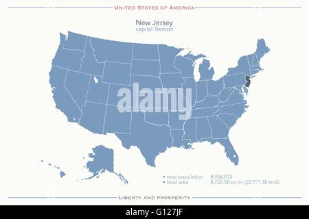 United States of America isolated map and New Jersey State territory. vector USA political map. geographic banner template Stock Vector