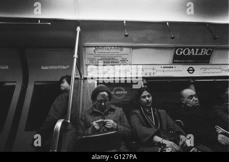 Archive image of commuters on a Northern Line train , London Underground, London, England, 1979 Stock Photo