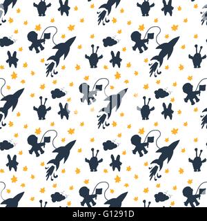 The pattern of the cosmic plot, vector illustration. Travel astronaut in space / meeting with aliens / monsters in space Stock Vector