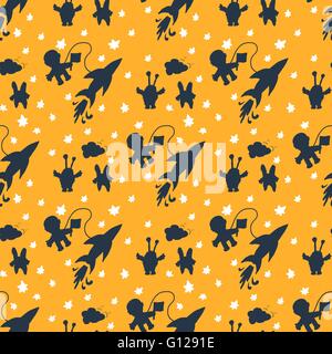 The pattern of the cosmic plot, vector illustration. Travel astronaut in space / meeting with aliens / monsters in space Stock Vector