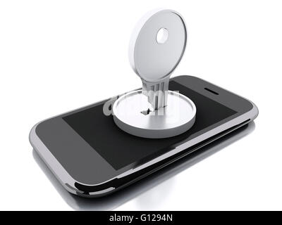 3d renderer image. Smartphone locked with key. Security concept. Isolated white background. Stock Photo