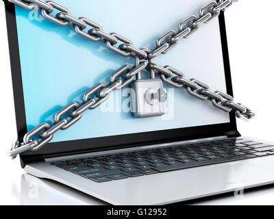 3d renderer image. Laptop locked by padlock. Security concept. Isolated white background. Stock Photo