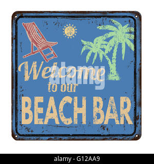 Beach bar on blue vintage rusty metal sign on a white background, vector illustration Stock Photo