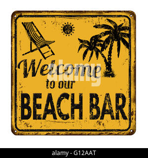 Beach bar on yellow vintage rusty metal sign on a white background, vector illustration Stock Photo