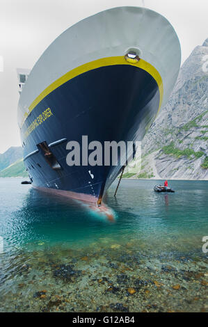 Anchored close to shore, National Geographic Explorer, Nordfjord, Norway Stock Photo