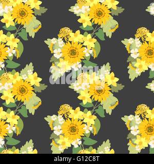 Floral sunflower, narcissus, strawberry flowers retro vintage background, vector illustration Stock Vector