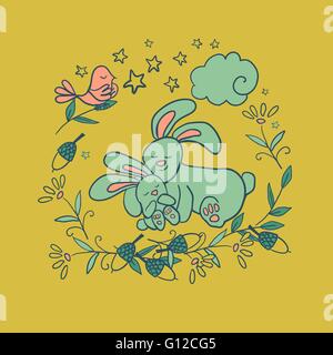 Activities for young men and women in the forest at night while camping. Sleeping bear on the grass, mom and baby bunny rabbit i Stock Vector