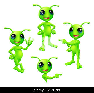 A cute cartoon green alien Martian character with antennae in various poses Stock Photo