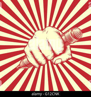 An original design of a fist holding a pencil in vintage propaganda poster woodcut style Stock Photo