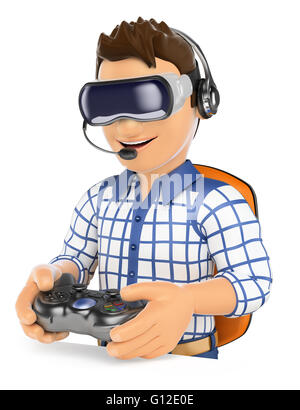 3d young people. Young gamer playing with virtual reality glasses and gamepad. VR. Isolated white background. Stock Photo