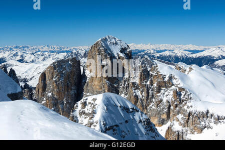 Cima Immink peak and Pala di San Martino peak. Mountains of the Pale di San Martino group. Winter season in the Dolomites of Trentino. Italian Alps. Stock Photo
