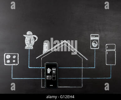 Smart house concept hand drawing on chalk board. Mobile phone controlling home appliances. Horizontal image with copy space. Stock Photo