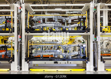 Windsor, Ontario Canada - Automobile frames at Fiat Chrysler Automobiles' Windsor Assembly Plant. Stock Photo