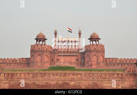 Indian National Flag flies high over Red Fort, New Delhi, India Stock Photo