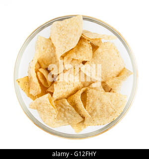 Bowl of fresh tortilla chips isolated on white and viewed from above. Stock Photo