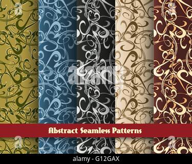 Set of five seamless abstract swirl patterns. Stock Vector