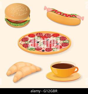 vector illustration set  with burger, hot dog, pizza, croissant and cup of coffee  - eps10 Stock Vector