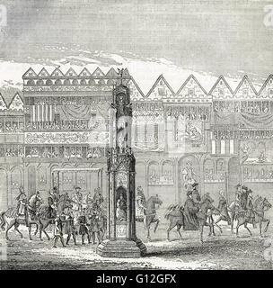 Edward VI Coronation procession passing Cheapside Cross in 1547 Stock Photo