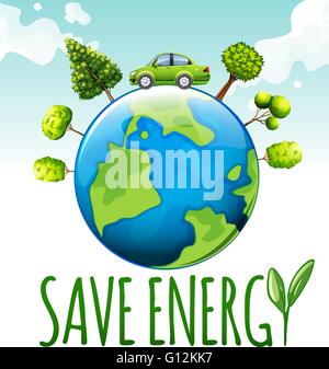 Save energy theme with car and trees illustration Stock Vector