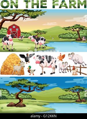 Farm theme with farm animals and farmland illustration Stock Vector