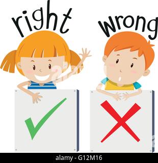 Boy with wrong sign and girl with right sign illustration Stock Vector