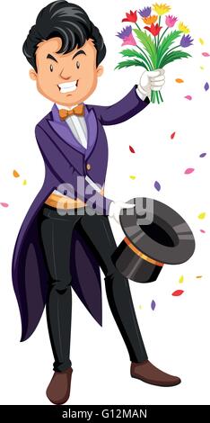 Magician pulling flowers out of a hat illustration Stock Vector