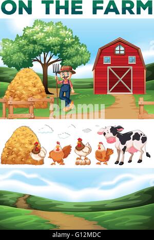 Farm scene with farmer and many animals on the farm illustration Stock ...