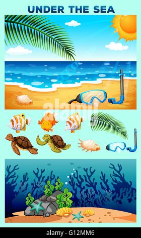 Ocean theme with beach and underwater illustration Stock Vector