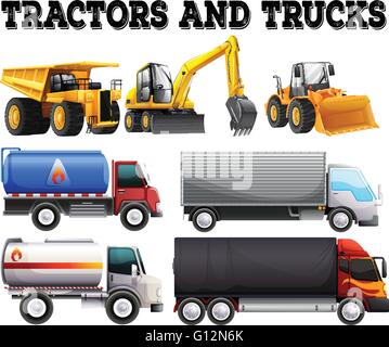 Different kind of tractors and trucks illustration Stock Vector