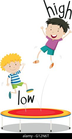 Two boys jumping on trampoline low and high illustration Stock Vector