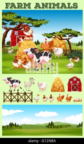 Farm theme with animals and field illustration Stock Vector