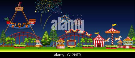 Amusement park scene at night illustration Stock Vector