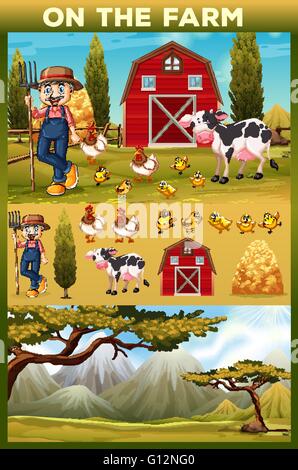 Farmer and animals on the farmland illustration Stock Vector