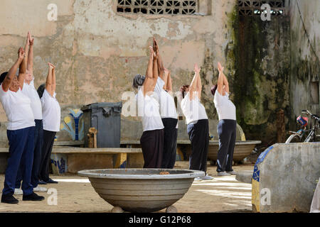 A group of elderly Cubans practice Tai Chi in a small park in Central Havana, Havana, Cuba Stock Photo