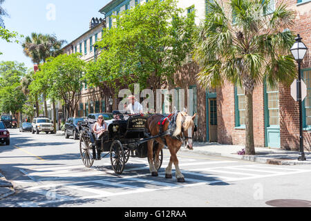 A couple takes a horse-drawn carriage tour in historic Charleston, South Carolina. Stock Photo