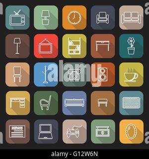 Living room line flat icons with long shadow, stock vector Stock Vector