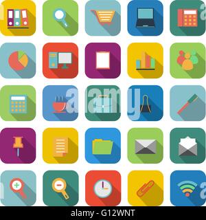 Office color icons with long shadow on white background Stock Vector